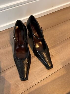 Black Square-Toe Mary Jane Block Heels